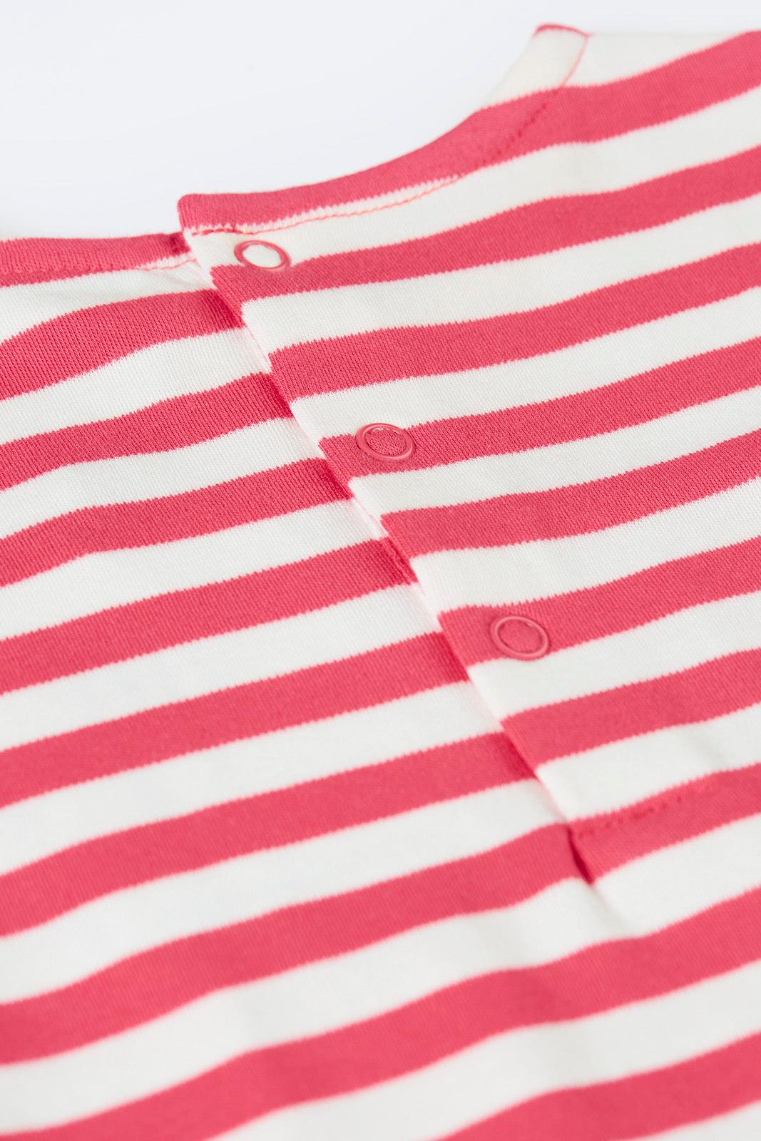 Close-up of a pink and white striped garment with buttons.