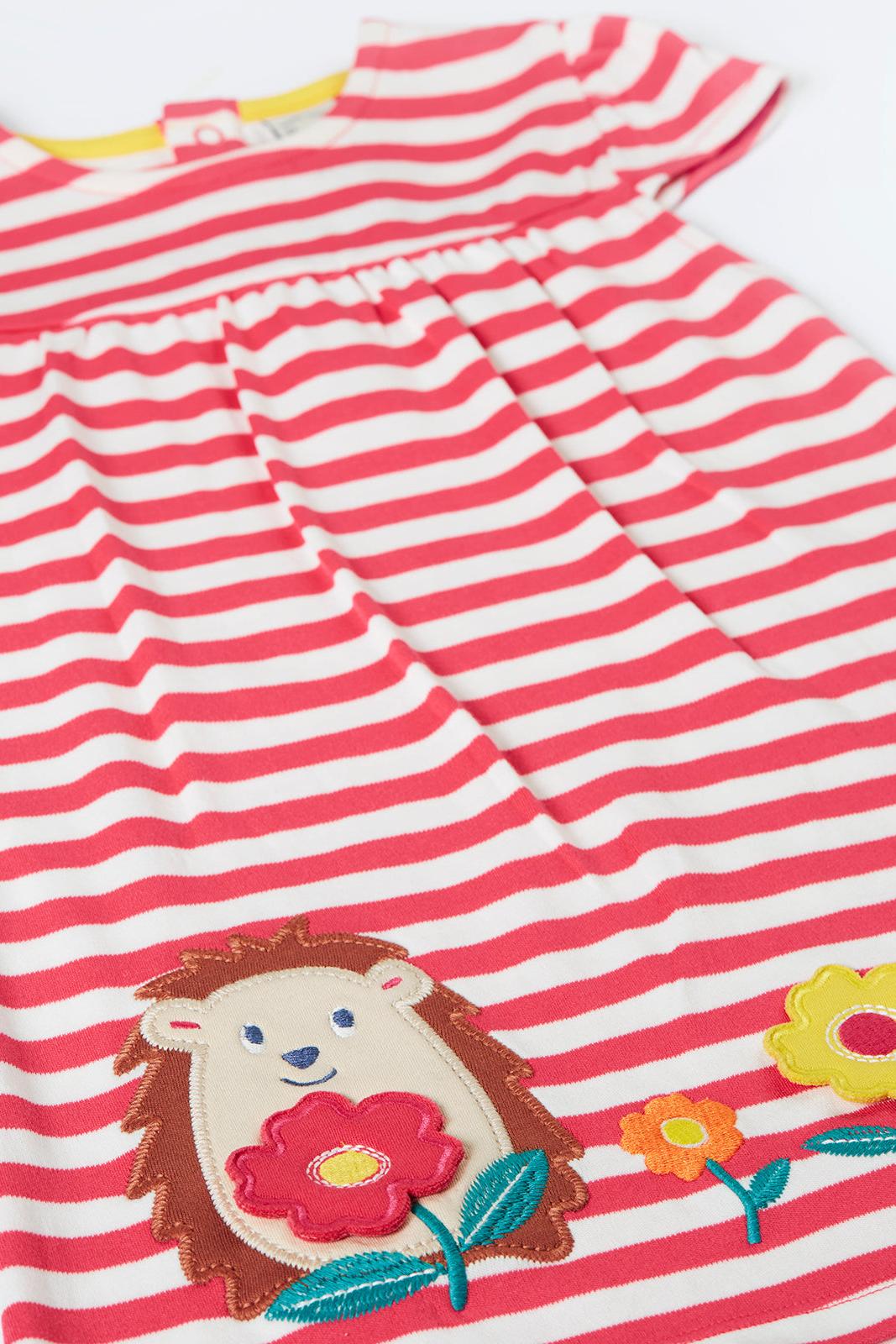 Red and white striped dress with a hedgehog and flower design on a white background