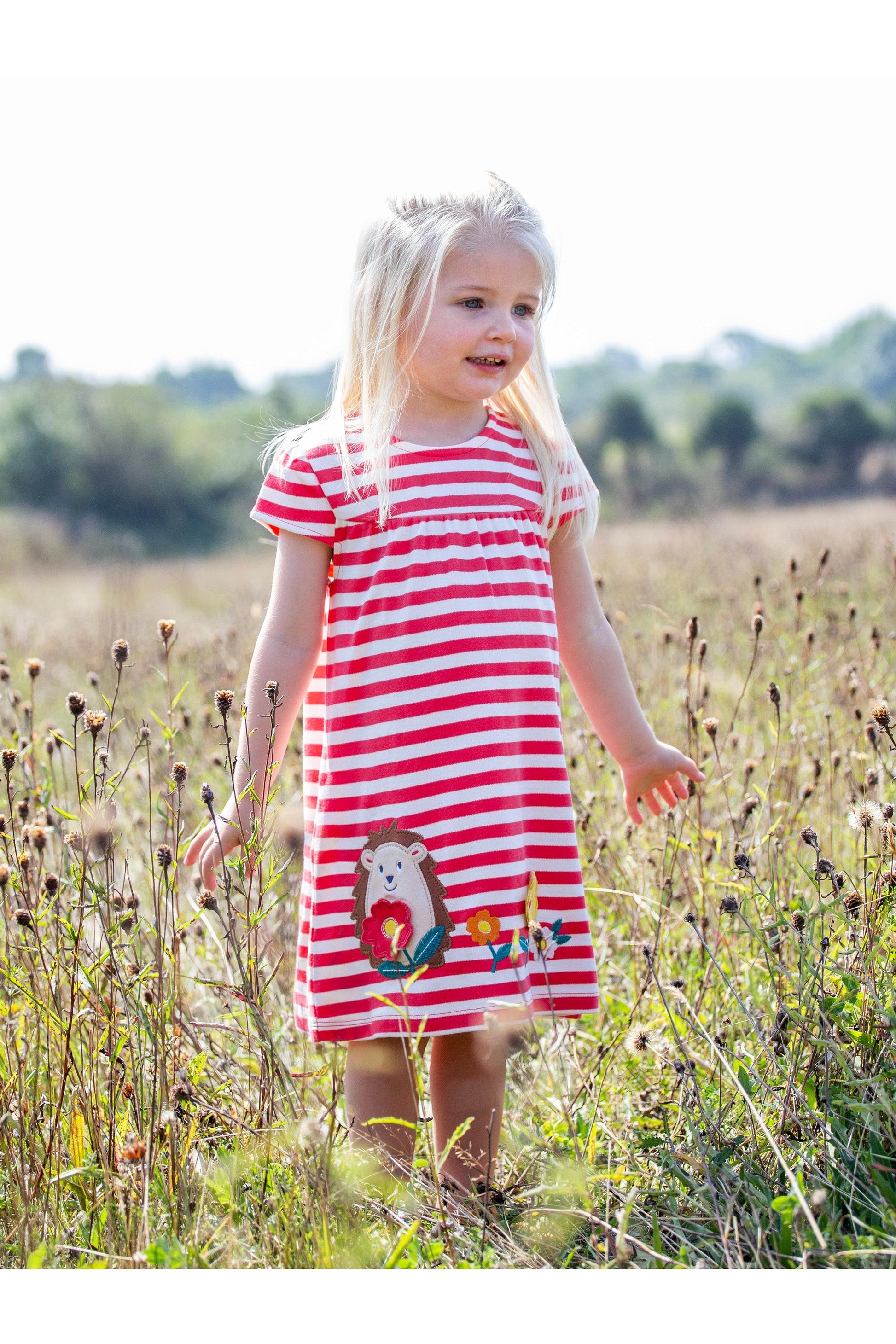 Young girl in a red and white striped dress standing in a field with wildflowers.