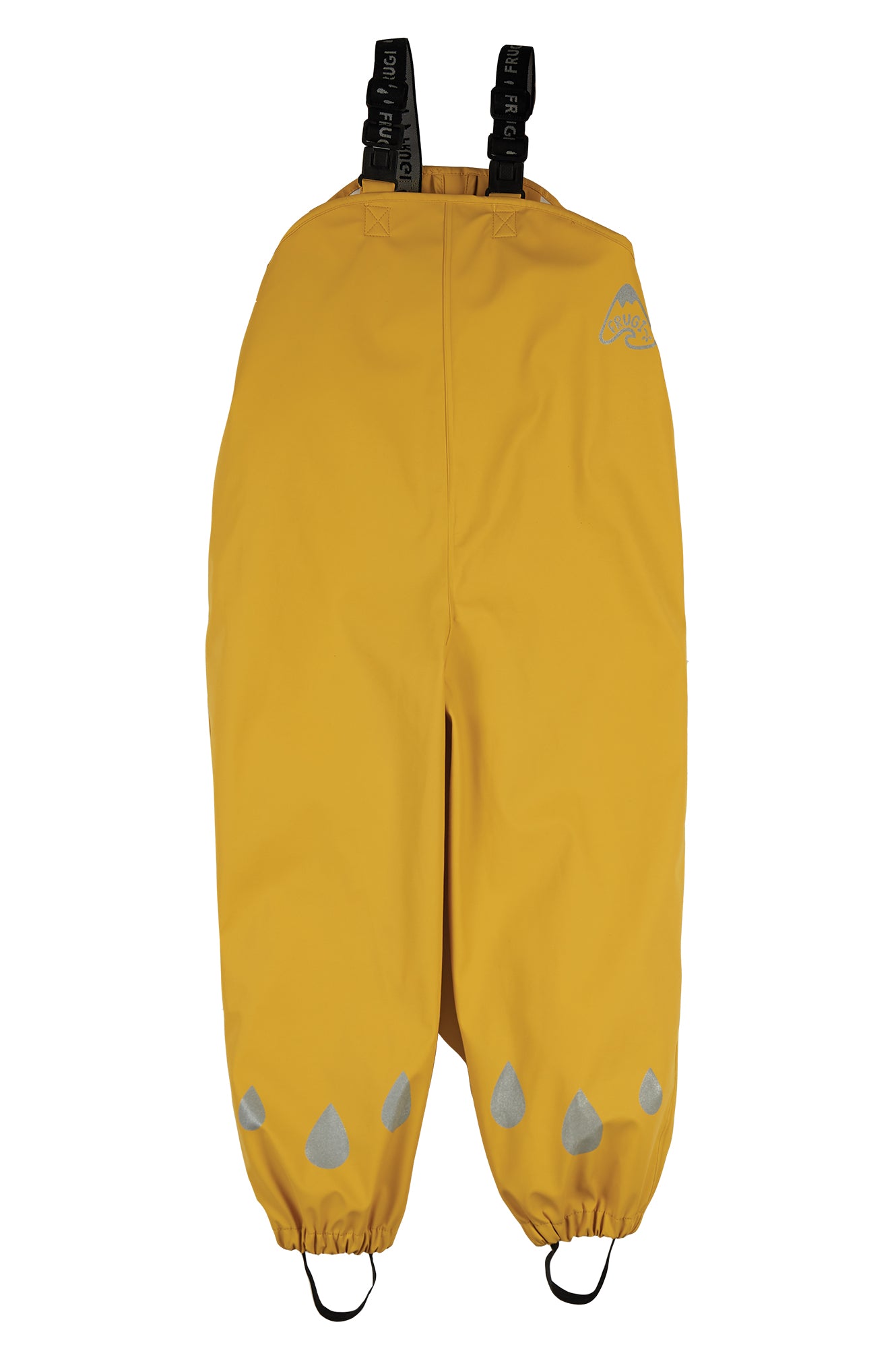 Frugi mustard yellow waterproof puddle dungarees with reflective drop details and adjustable branded straps