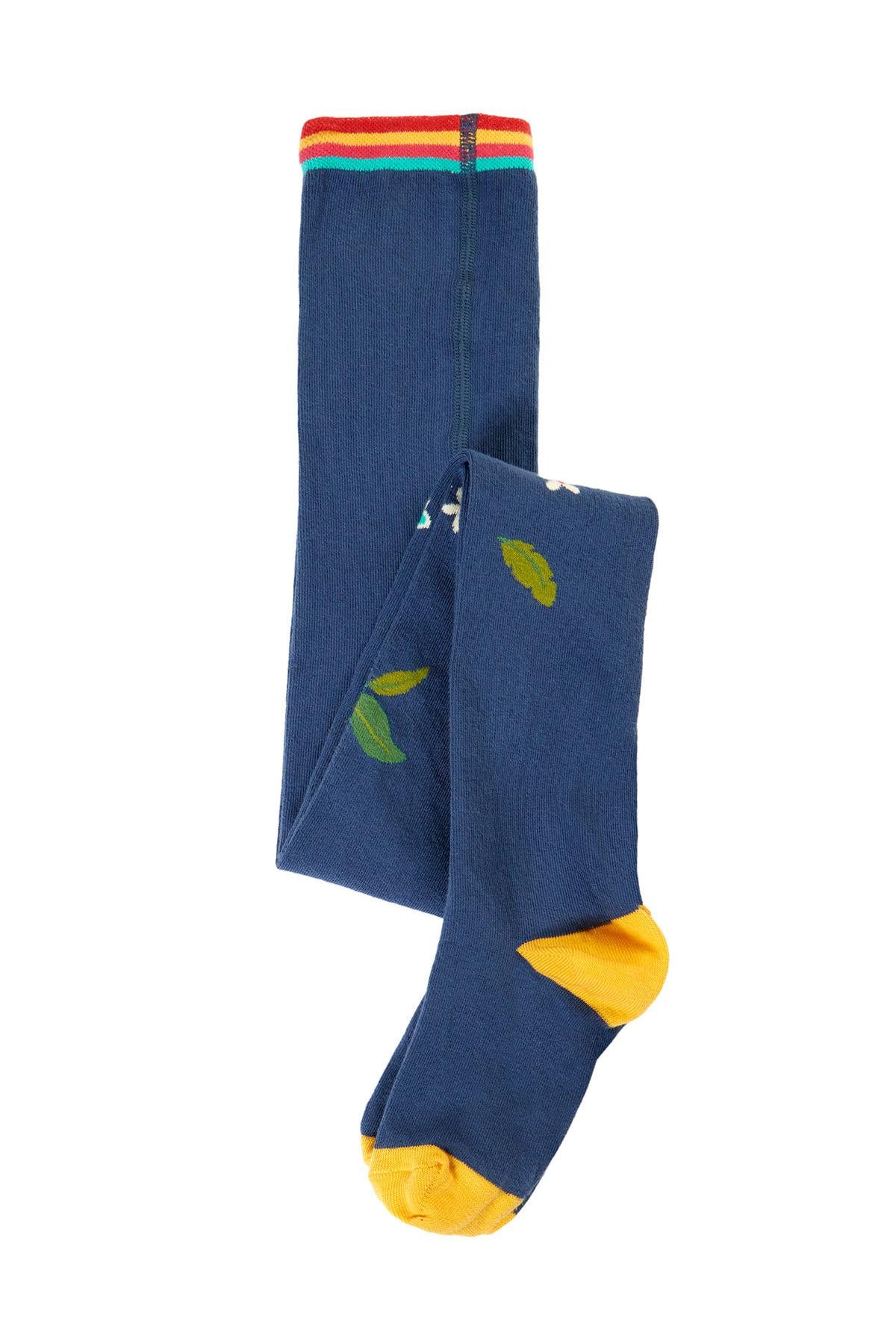 Pair of blue organic cotton tights with yellow accents on a white background