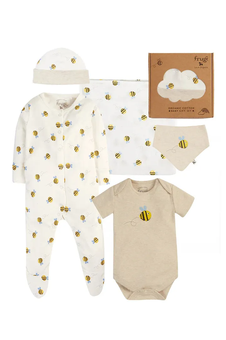 Frugi organic cotton baby gift set featuring a bee print romper, bodysuit, hat, bib, and muslin cloth in a presentation box