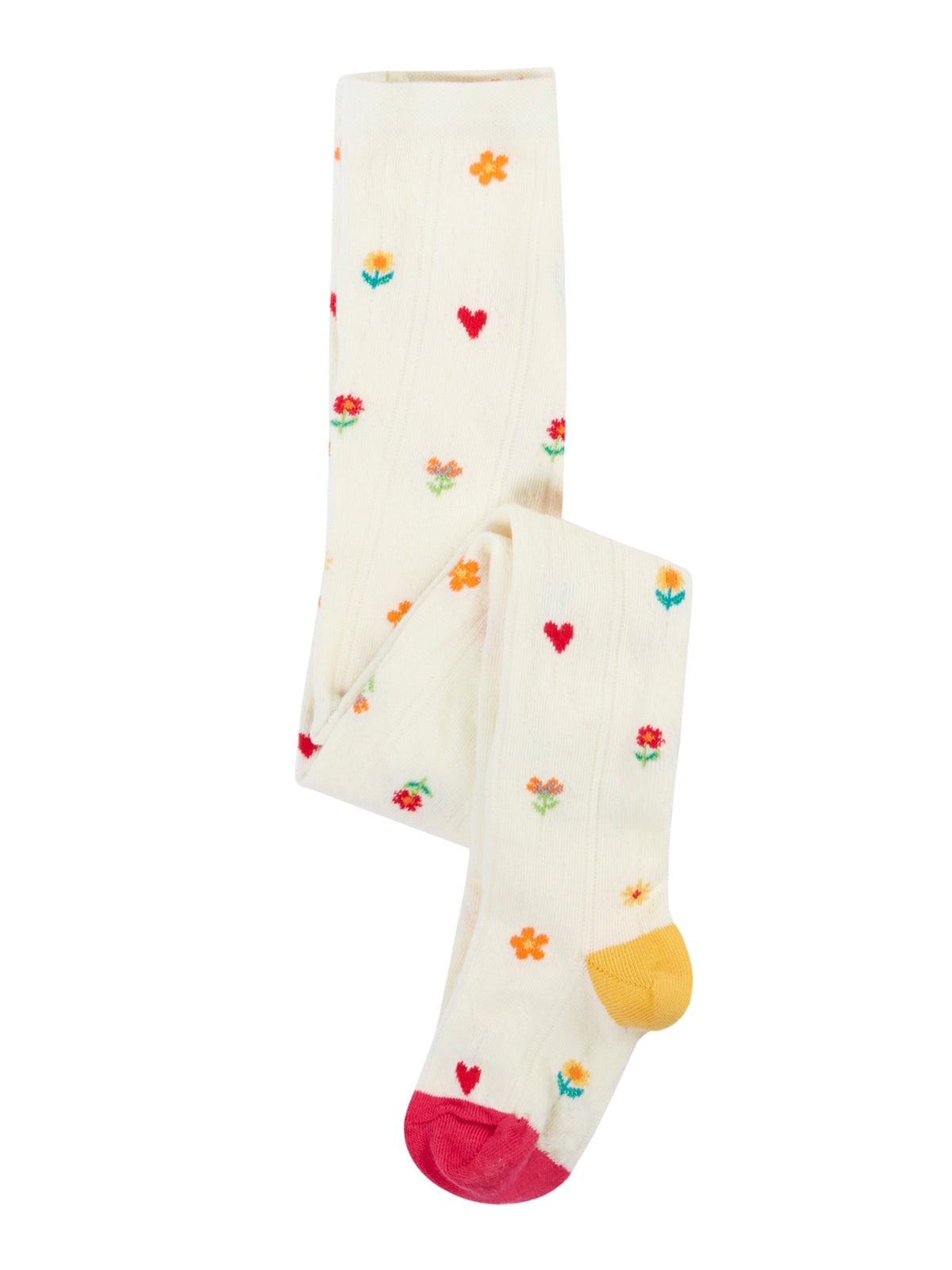 Cream organic cotton baby tights with colourful flowers and hearts pattern by Frugi
