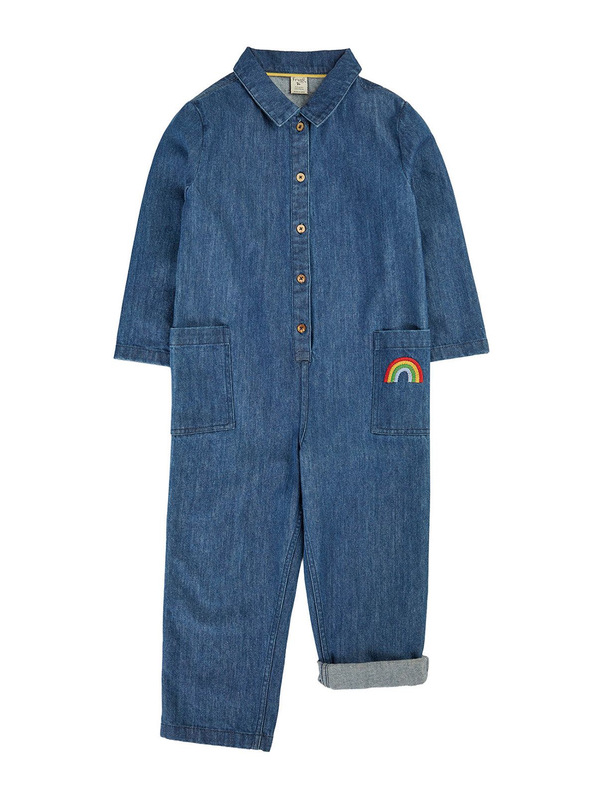 Frugi organic cotton denim boiler suit for kids with a rainbow patch detail