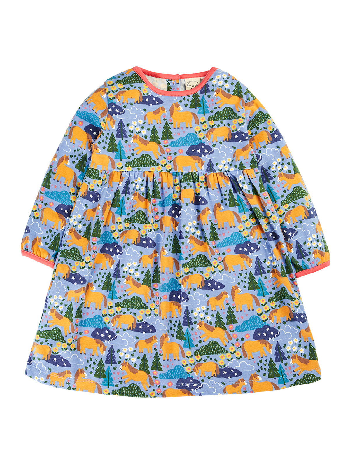 A long-sleeved Frugi girls dress in blue organic cotton with a colourful horse, forest, and flower pattern.