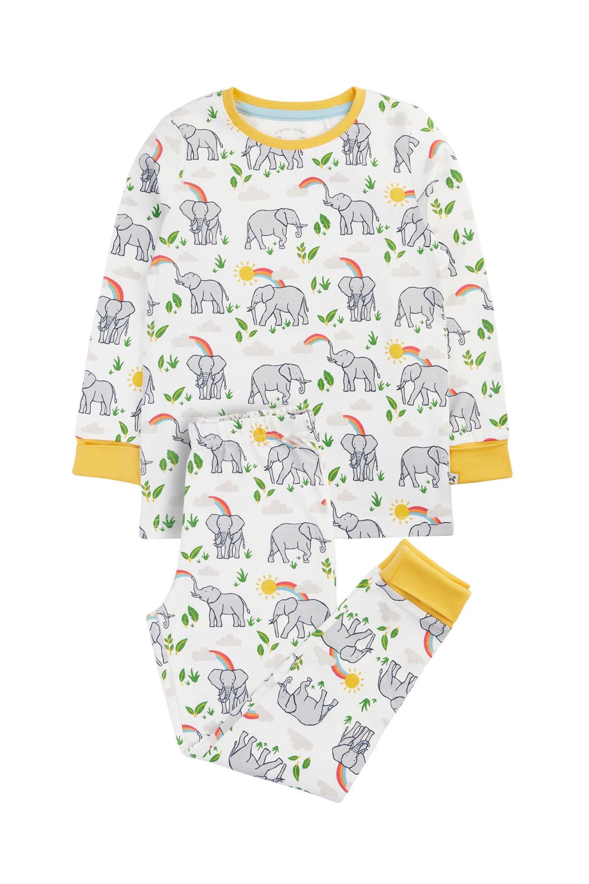 Frugi organic cotton long-sleeve pajamas featuring an elephant, rainbow, and sun print.