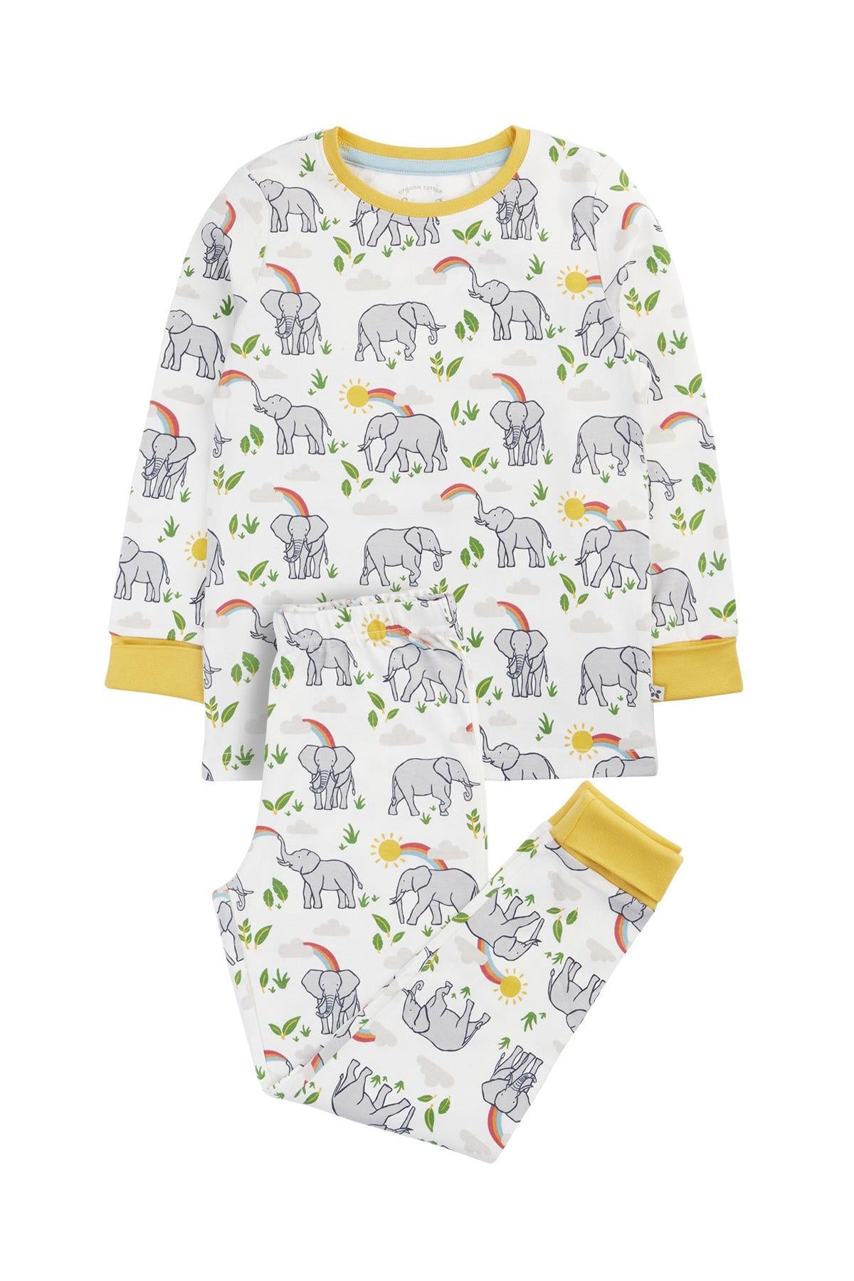 Children's pajama set with elephant pattern on a white background
