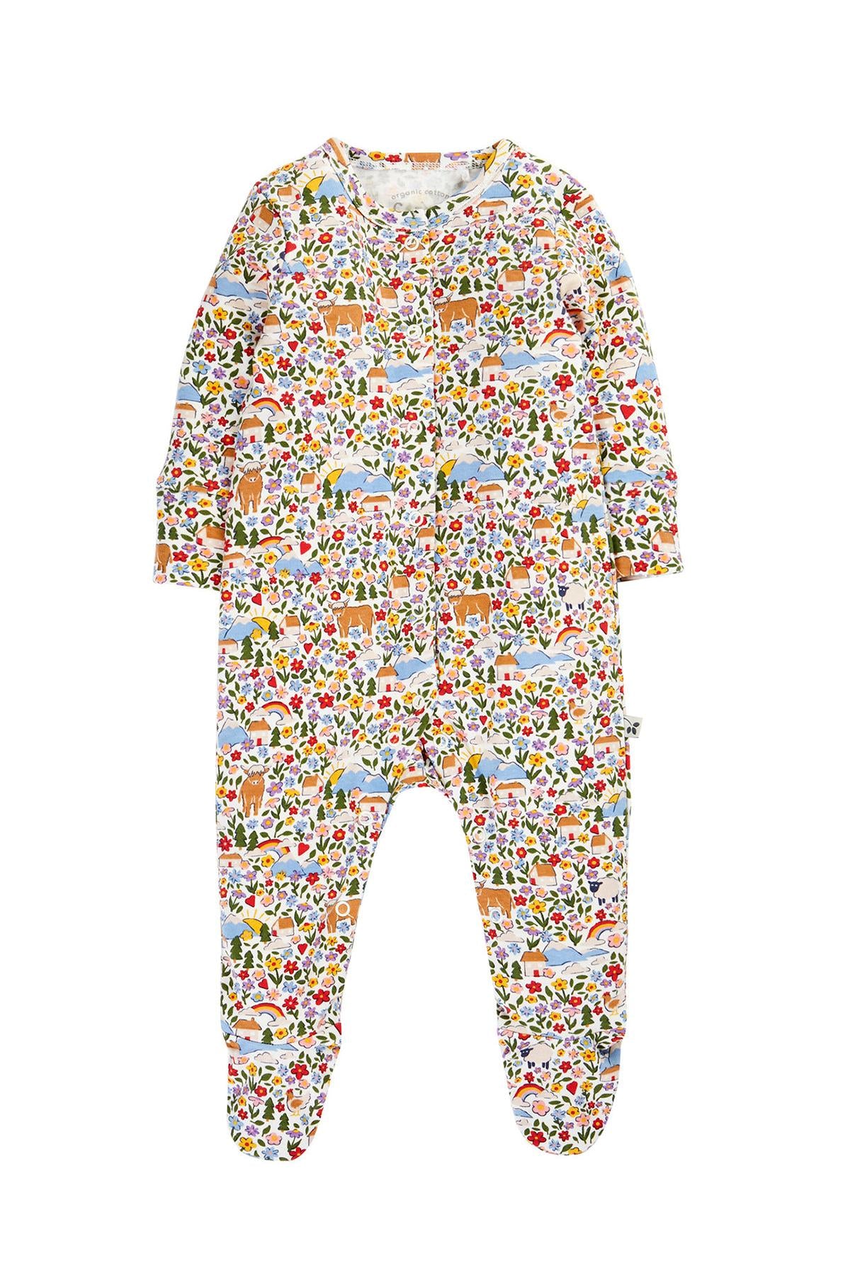 Frugi floral print organic cotton babygro with farm and landscape pattern on white background