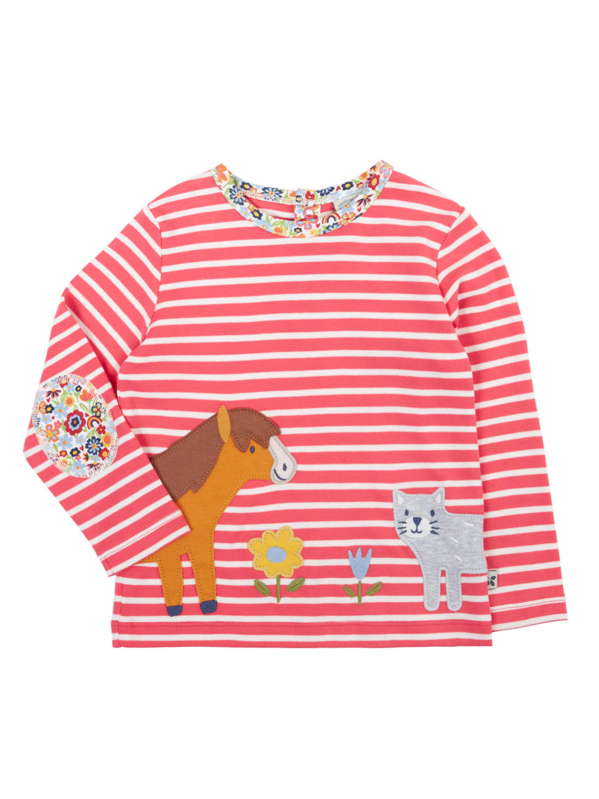 A long-sleeved girls Frugi organic cotton t-shirt with pink stripes and horse and cat appliques.
