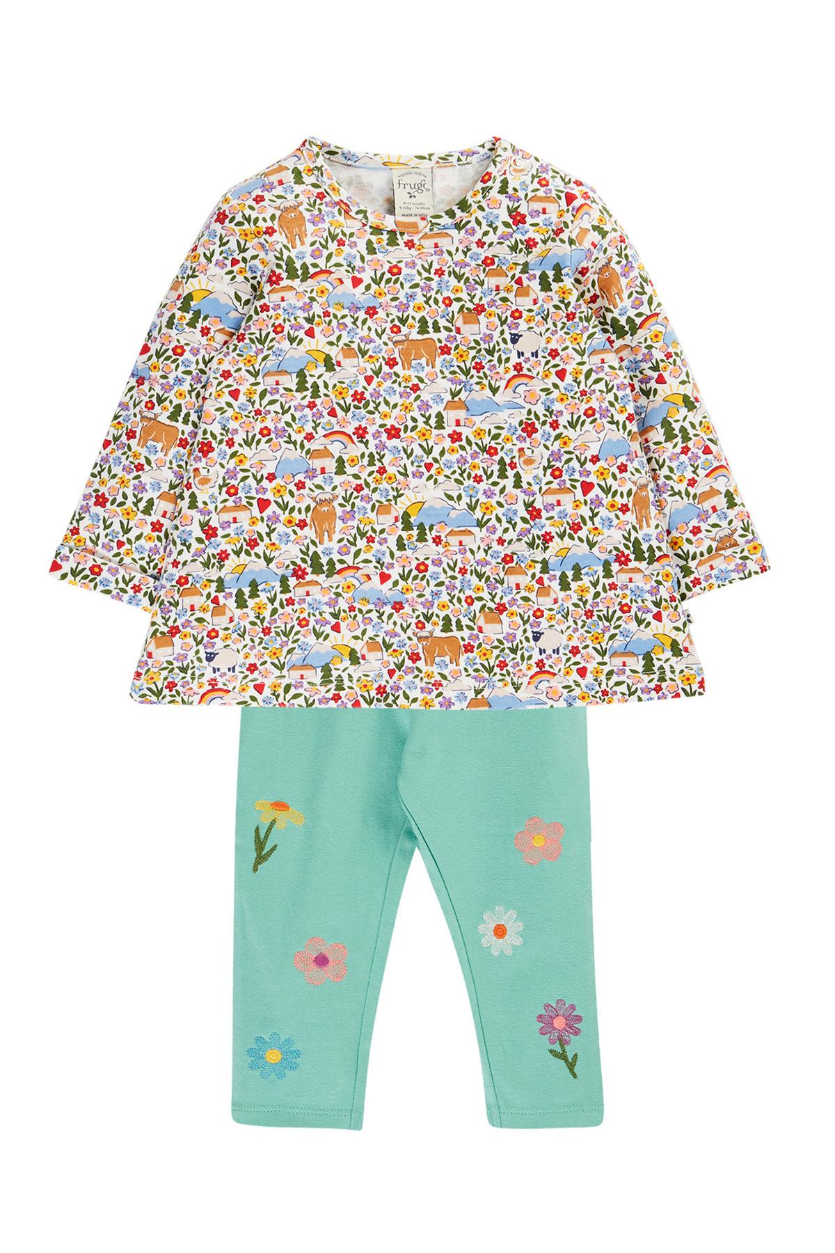 A children's two-piece outfit set featuring a long-sleeve top with a dense multicolor woodland animal and floral print, paired with mint green leggings decorated with embroidered flowers.