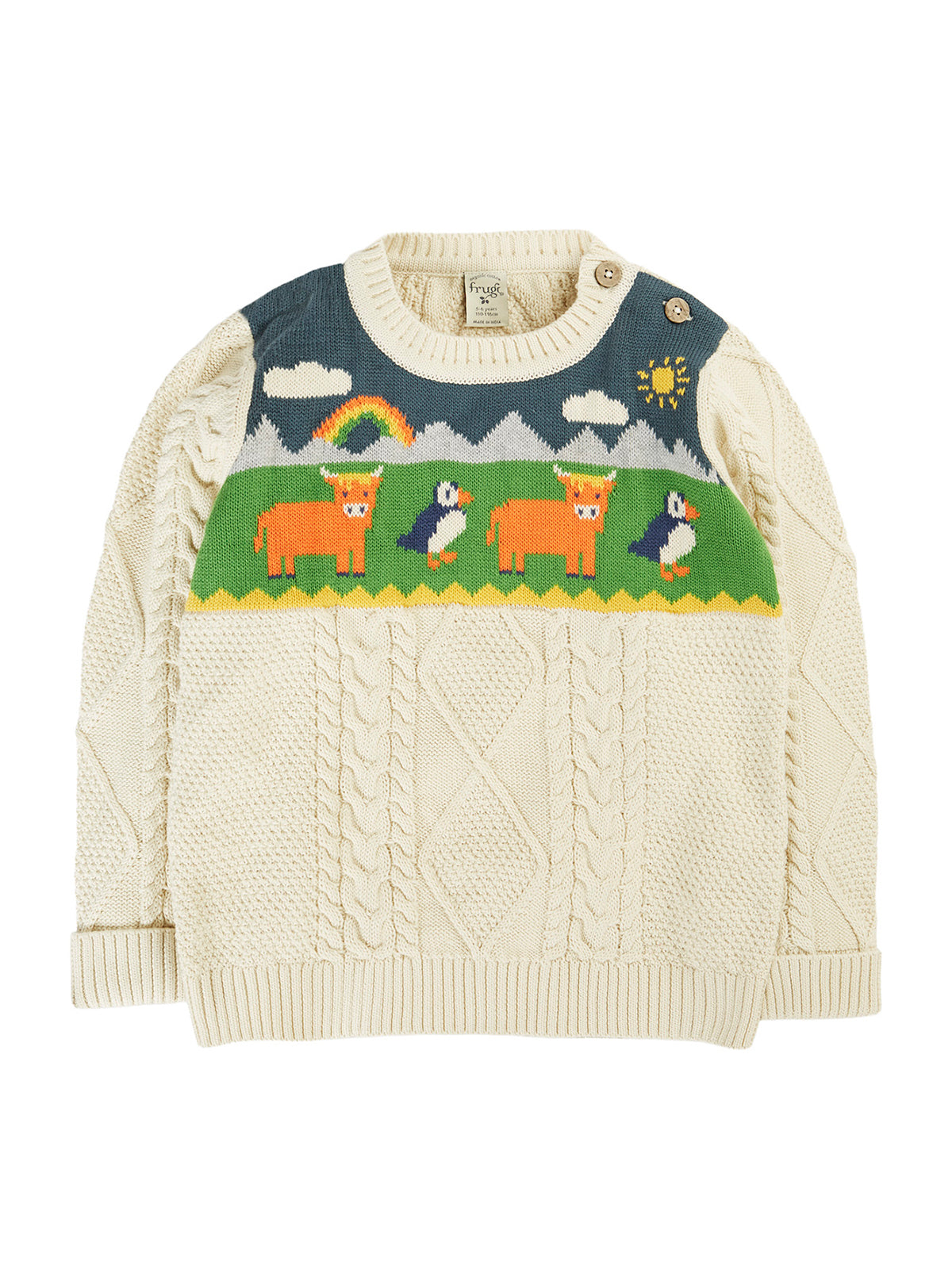 Frugi organic cotton children's jumper featuring a highland cow and puffin knit pattern on a white background.