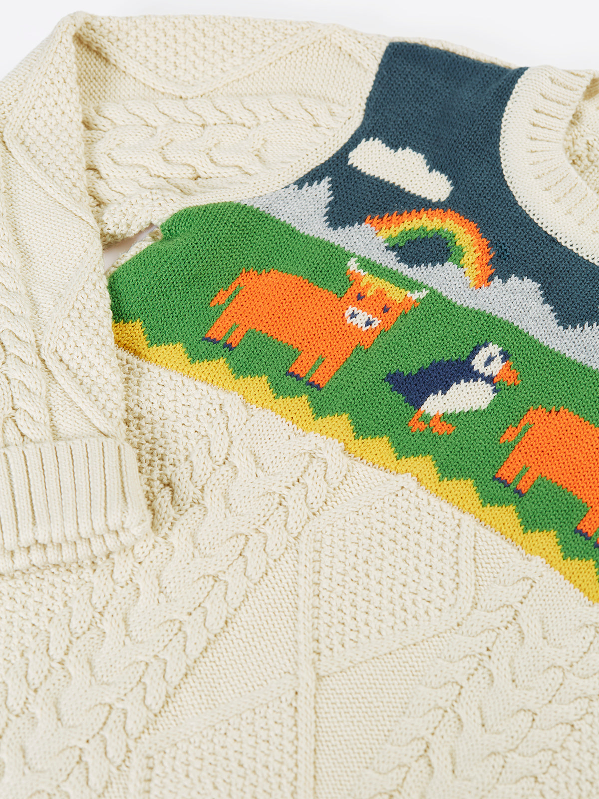 Cream Frugi organic cotton children's aran jumper featuring a colorful animal landscape knit pattern.