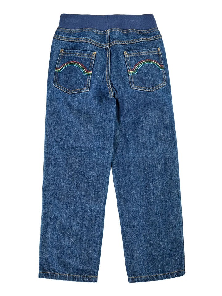 Frugi organic cotton kids jeans with rainbow embroidery on back pockets and elasticated adjustable waist.