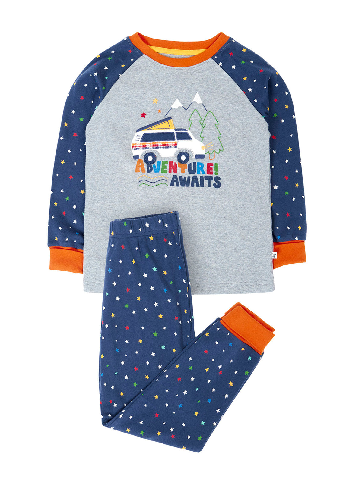 Frugi children's pyjamas set with adventure campervan print and colorful stars on organic cotton fabric.