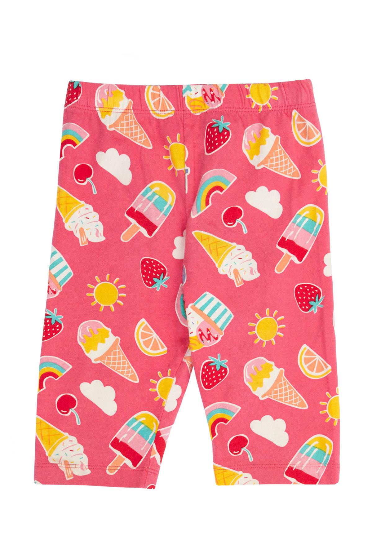 Children's leggings with summer-themed pattern on a pink background