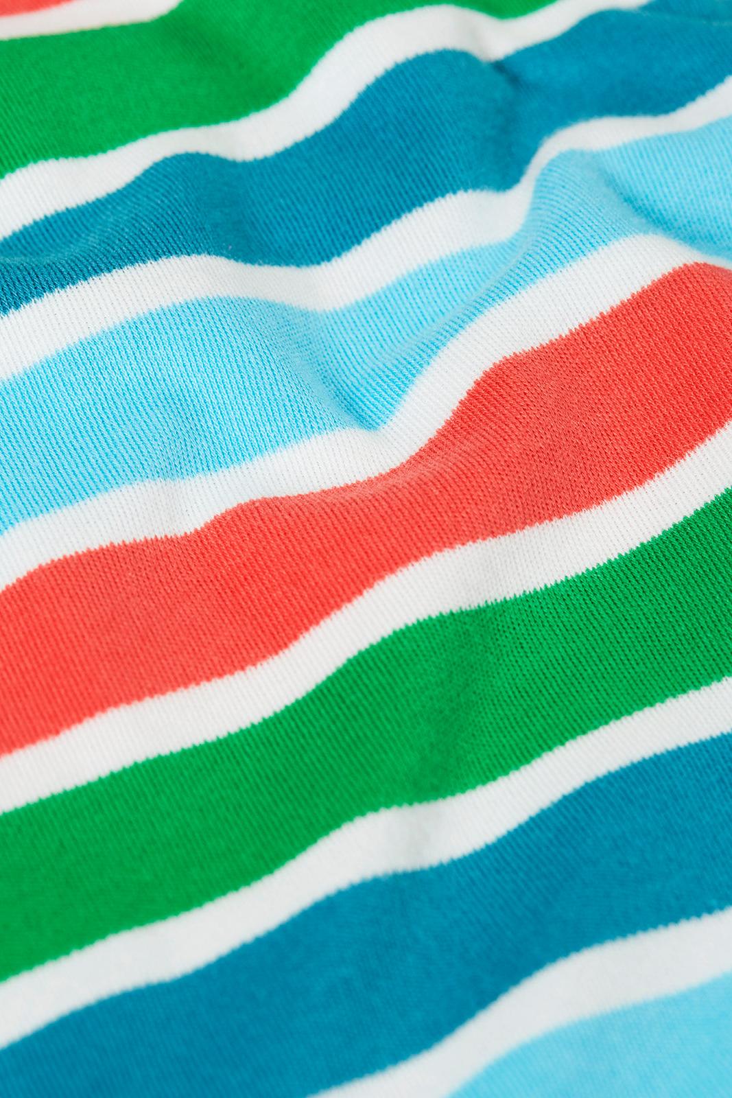 Close-up of fabric with colorful stripes in red, green, blue, and white.