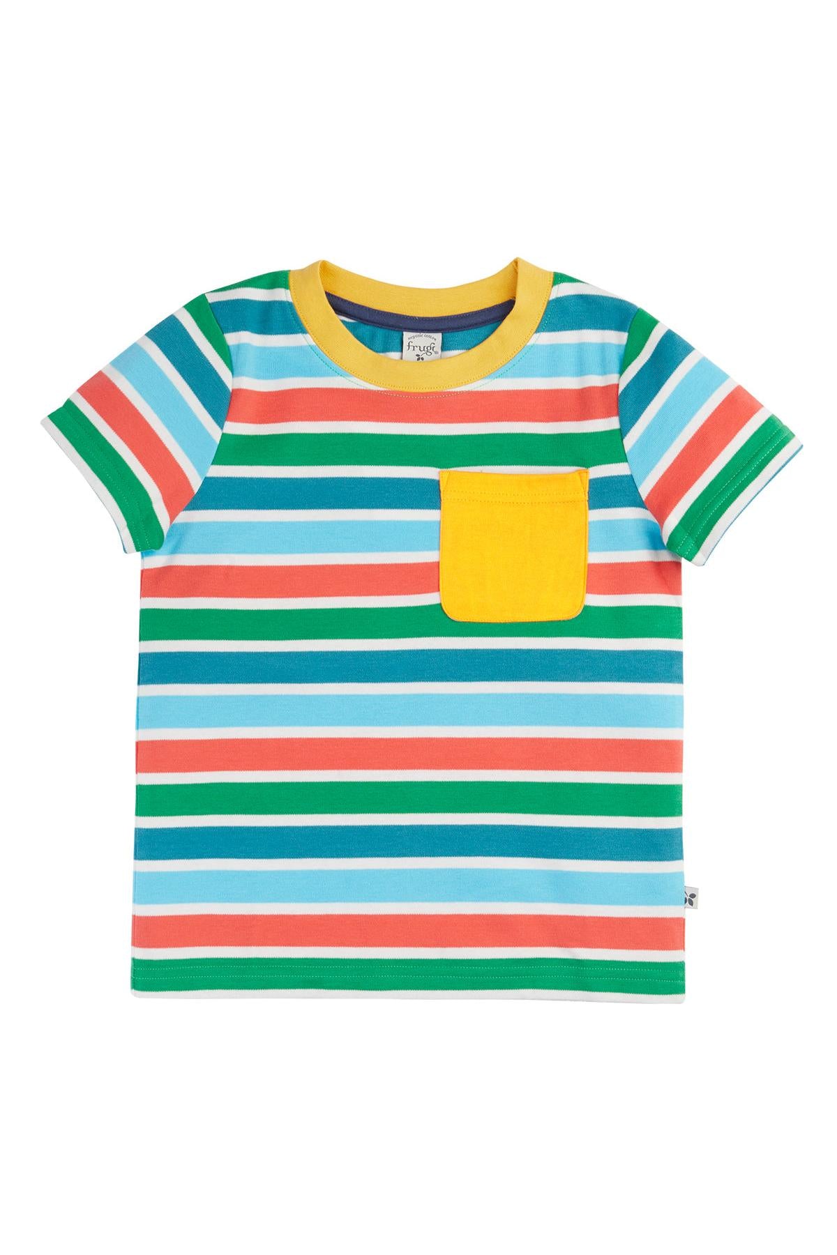 Colorful striped t-shirt with a yellow pocket on a white background