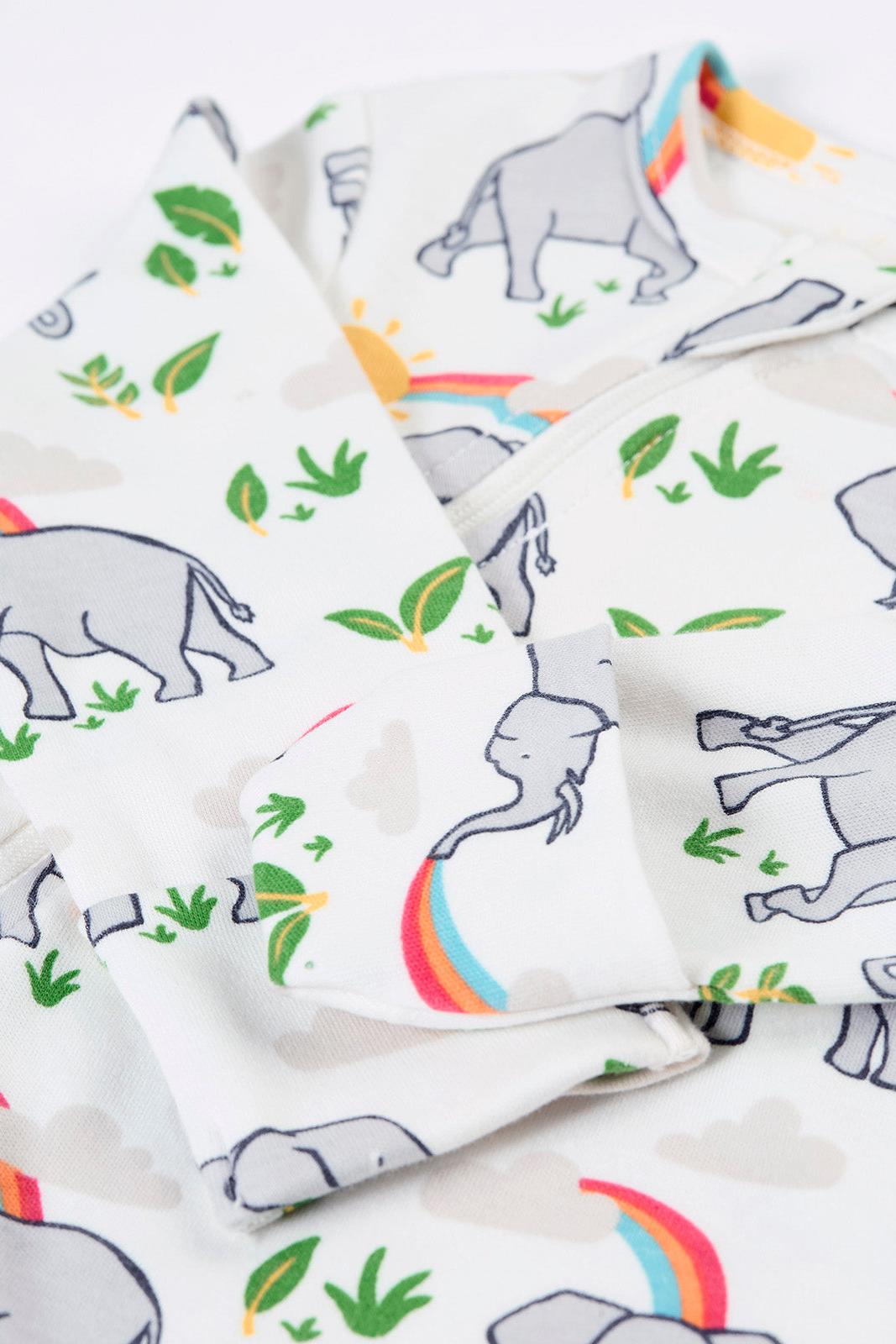 Organic cotton babygrow with elephant and rainbow pattern on a white background