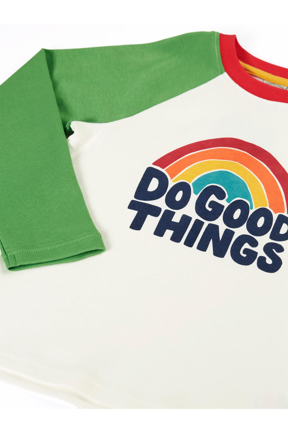 Frugi organic cotton long sleeve top with a colorful rainbow and Do Good Things graphic print.