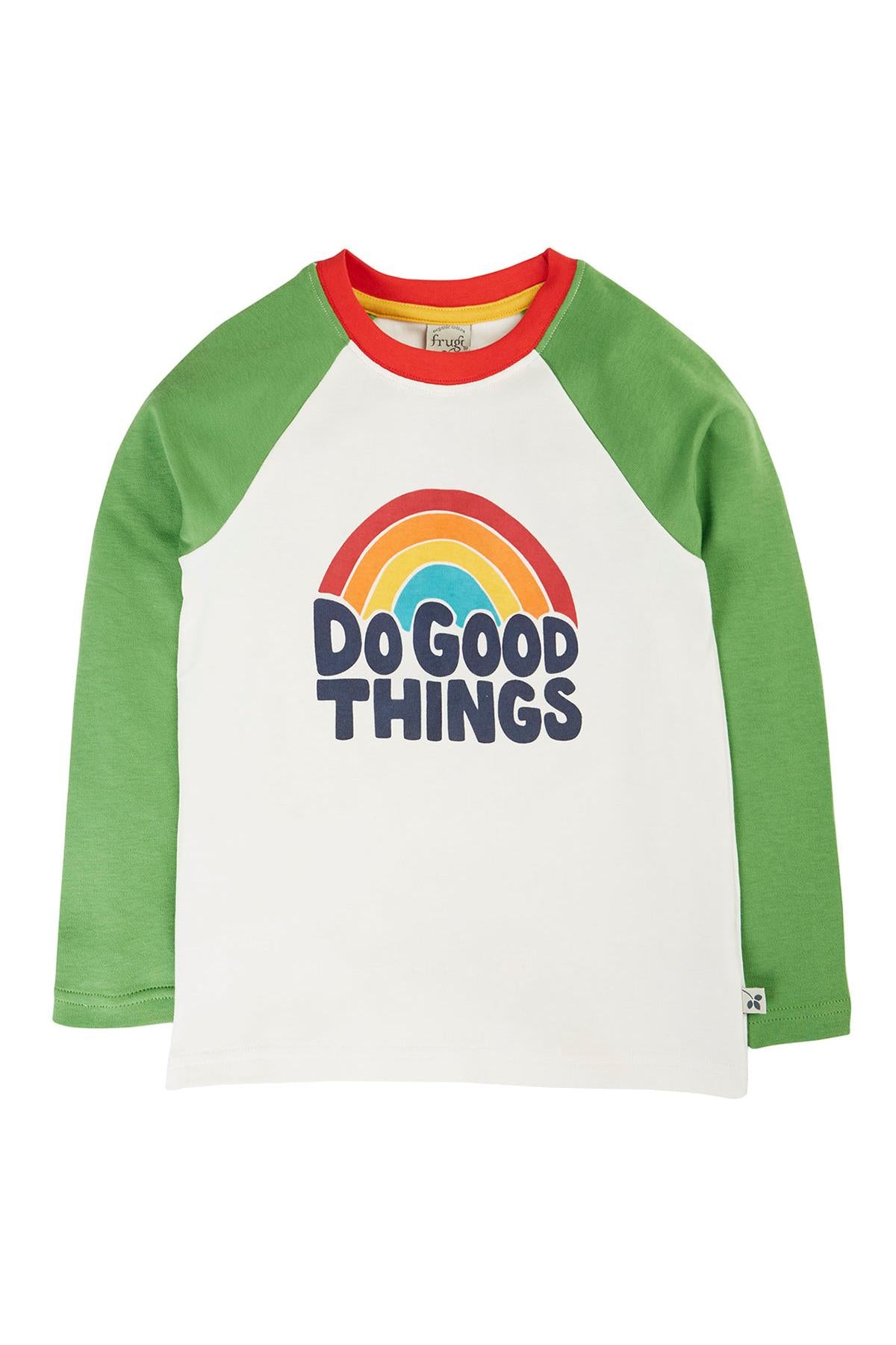 Frugi organic cotton long sleeve top with Do Good Things rainbow graphic on a white background