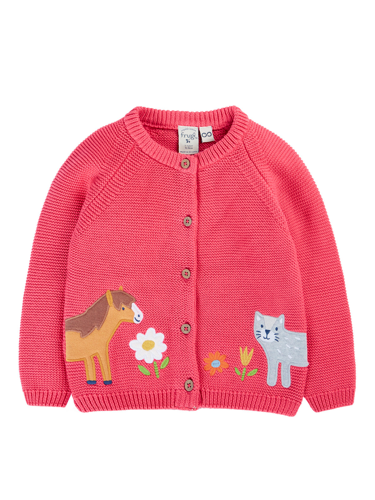 Frugi girls pink organic cotton cardigan featuring horse and cat applique designs.