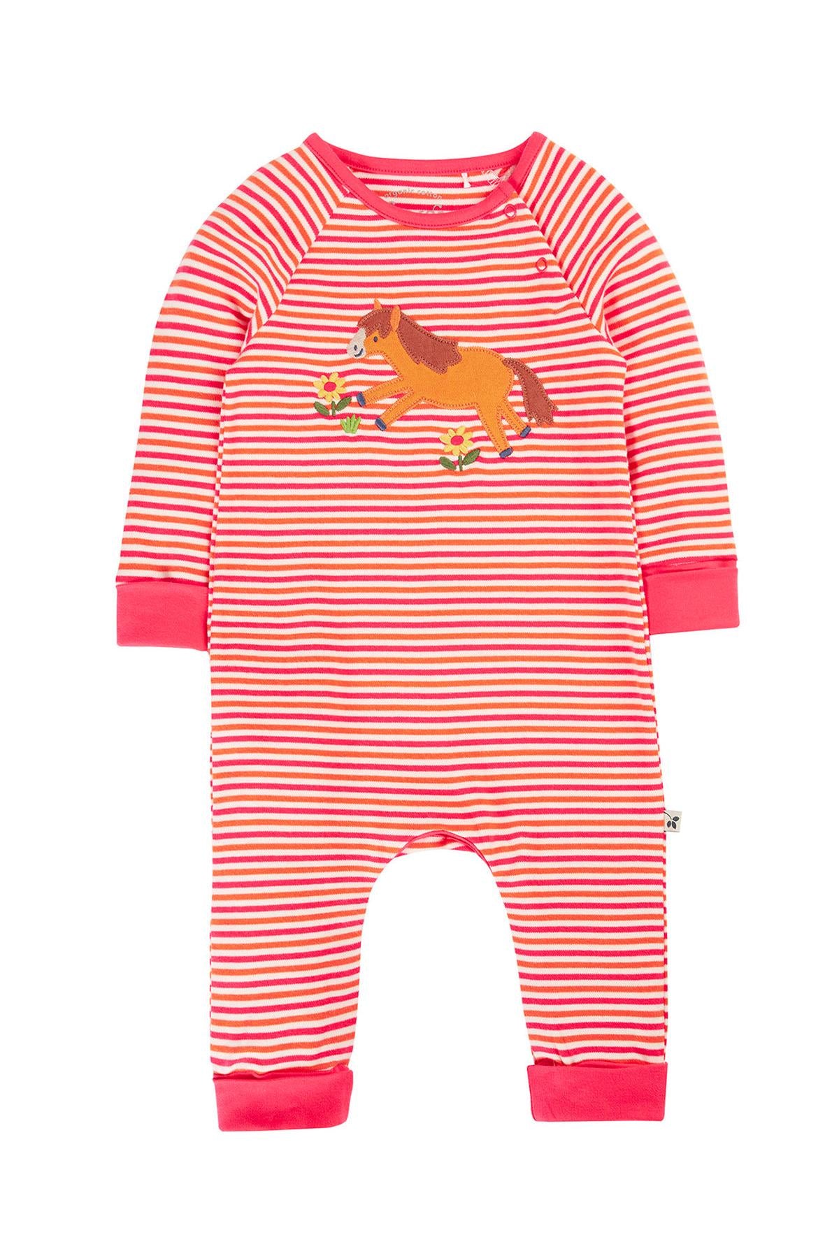 Frugi organic cotton baby jumpsuit with red and white stripes and an embroidered horse applique.