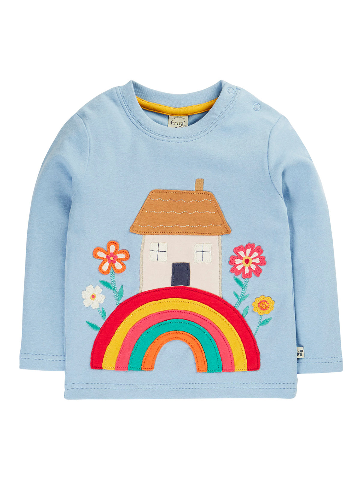 Frugi light blue long-sleeve organic cotton top for girls with colourful house, rainbow, and flower applique design.