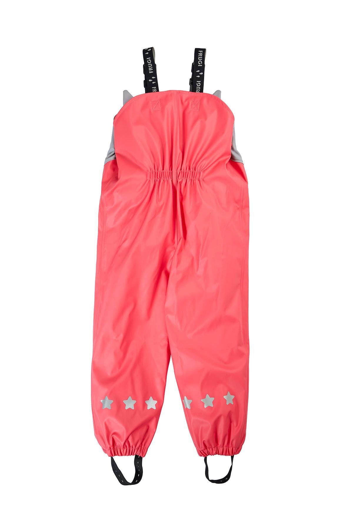 Frugi pink waterproof toddler dungarees with grey reflective stars on a white background