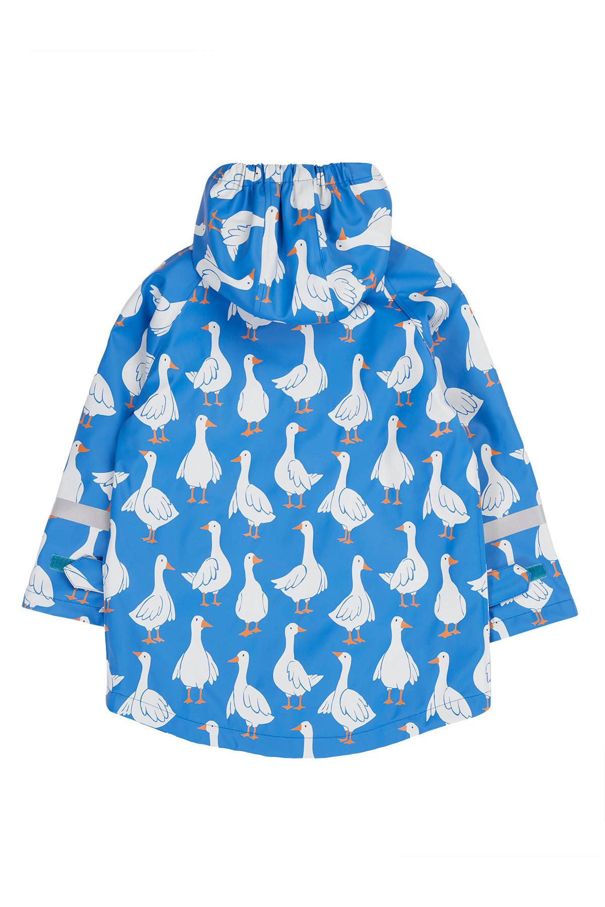 Blue raincoat with goose pattern on a white background