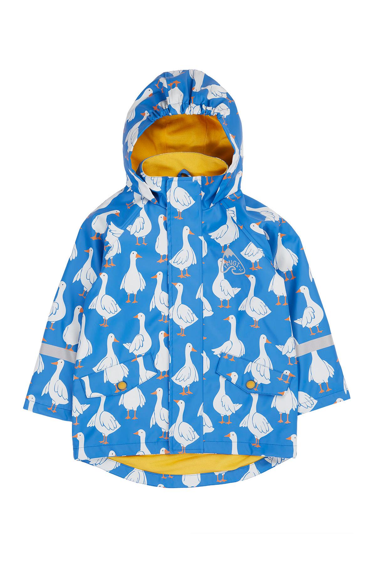 Children's blue raincoat with goose pattern on a white background