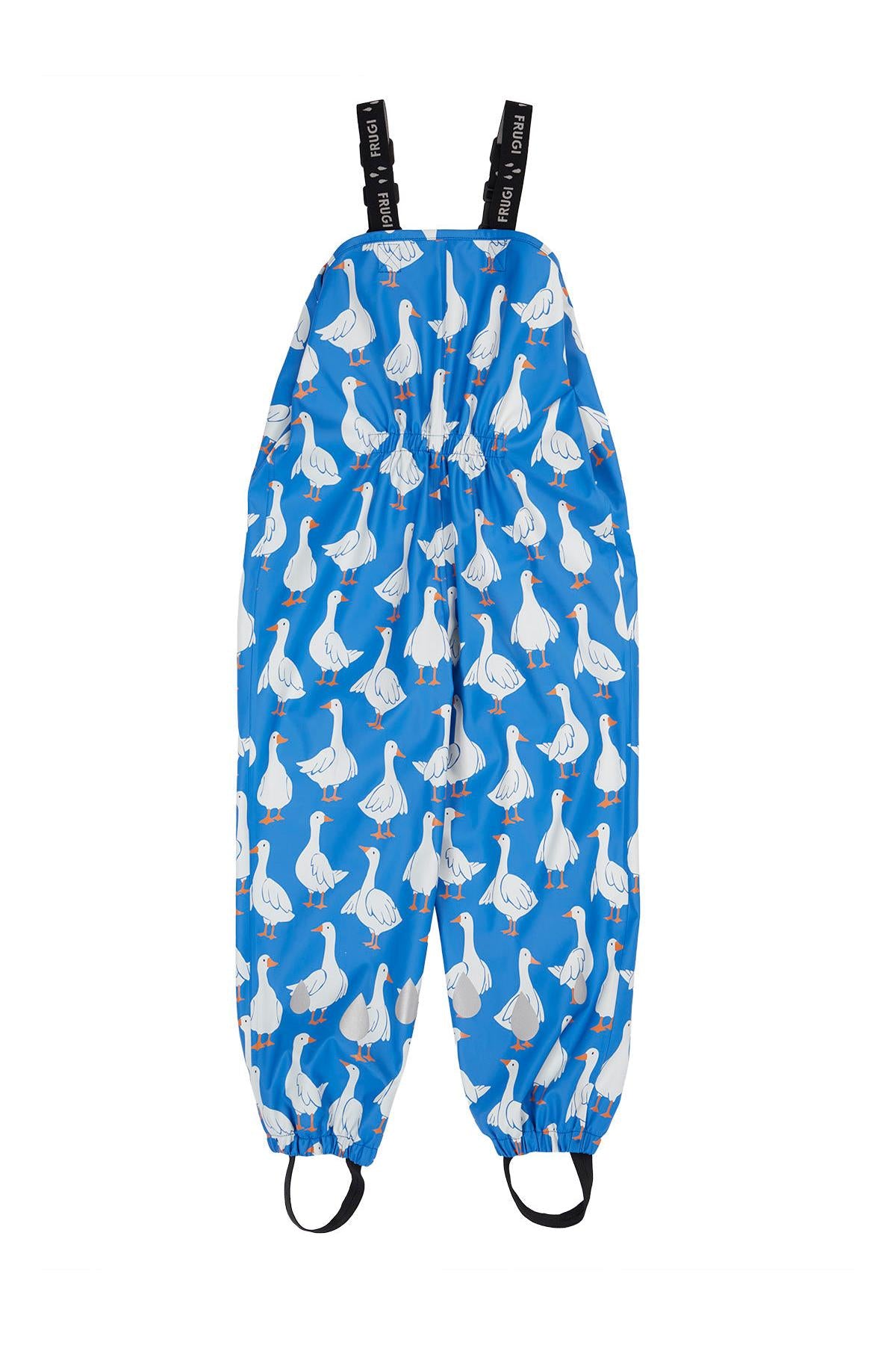 Blue children's waterproof overalls with duck pattern on a white background