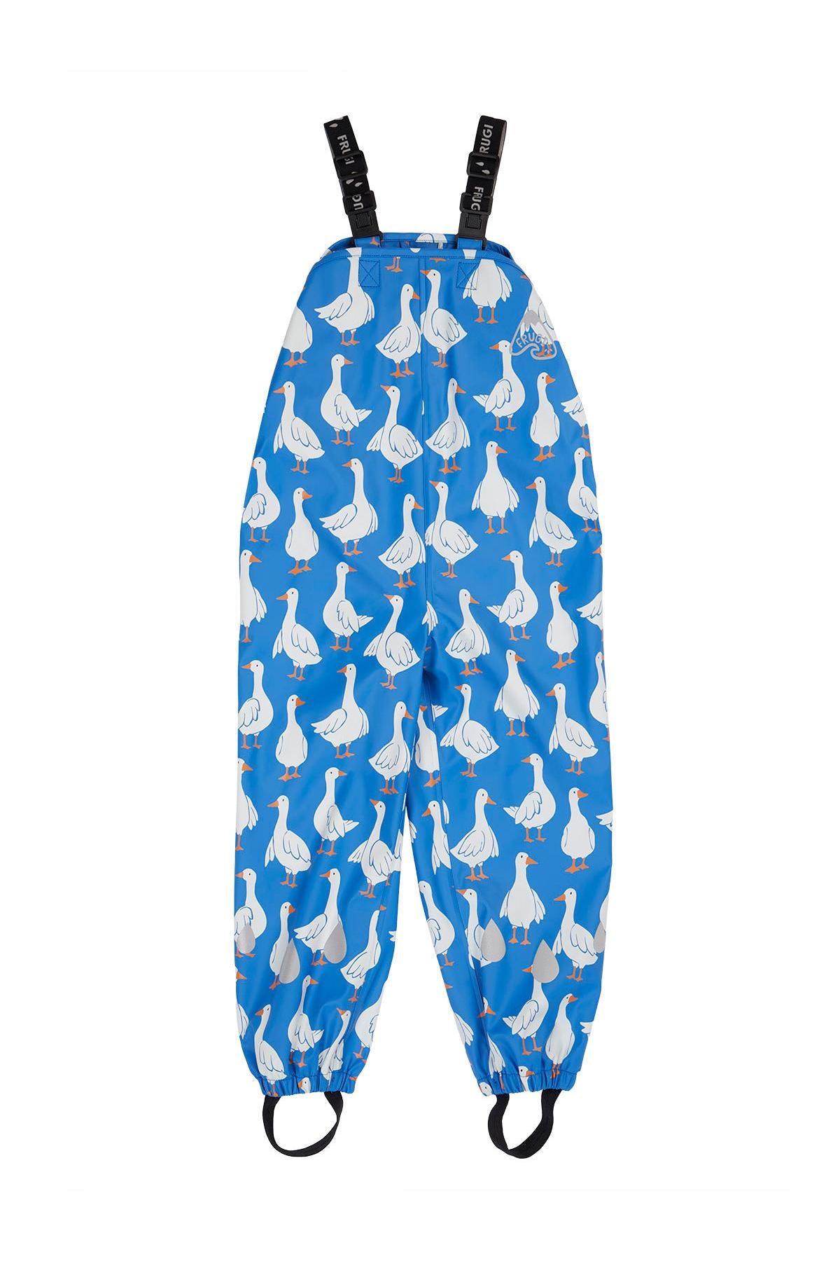 Blue children's overalls with goose pattern on a white background