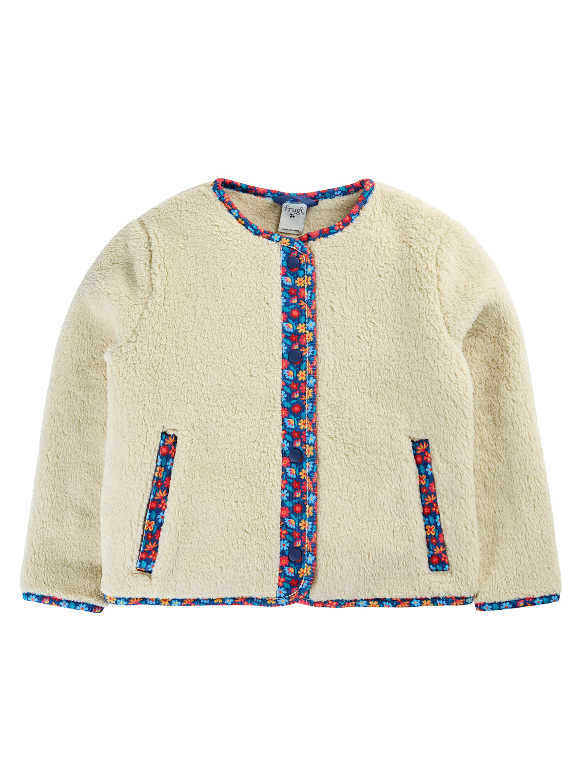 Cream-colored girls fleece jacket with floral trim and button-up front by Frugi.