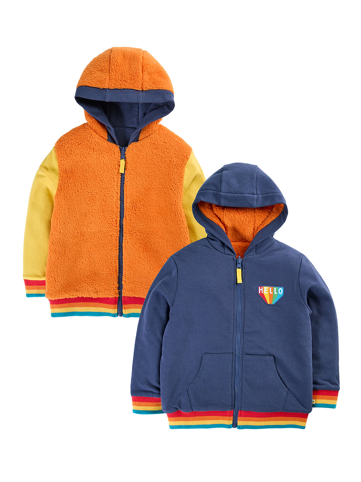 Reversible Frugi organic cotton kids hoodie in orange and blue featuring a rainbow trim design.