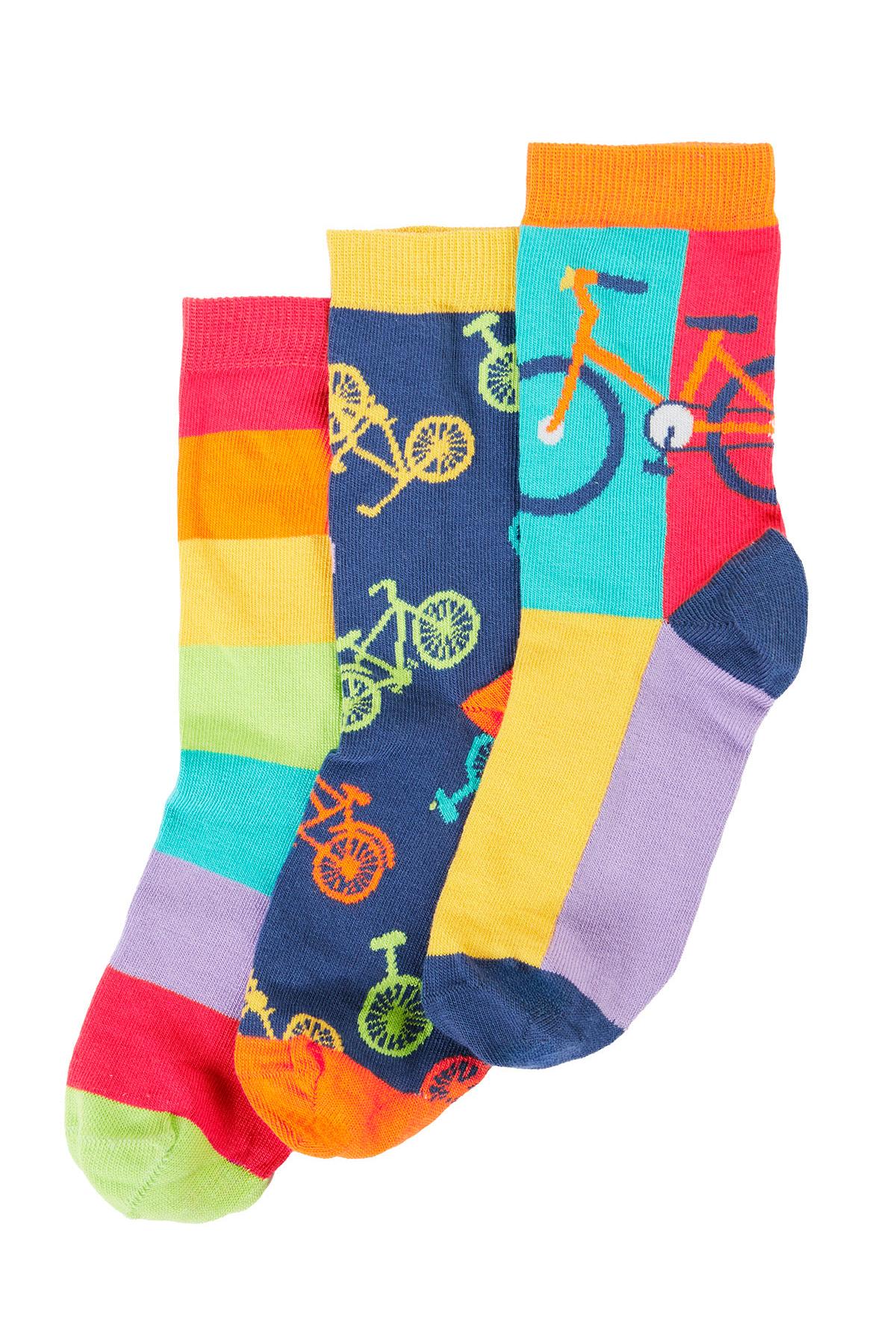 Colorful socks with bicycle designs on a white background