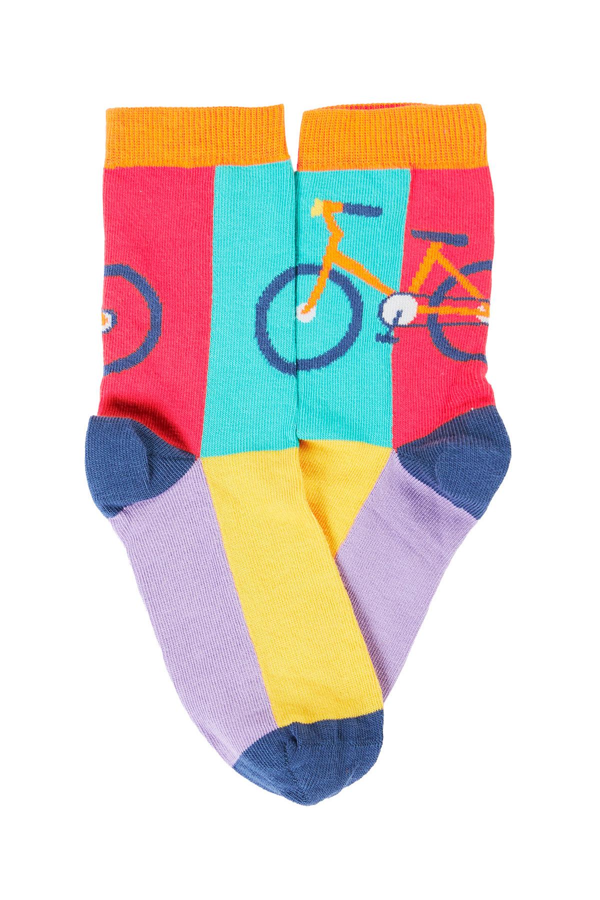 Colorful socks with a bicycle design on a white background