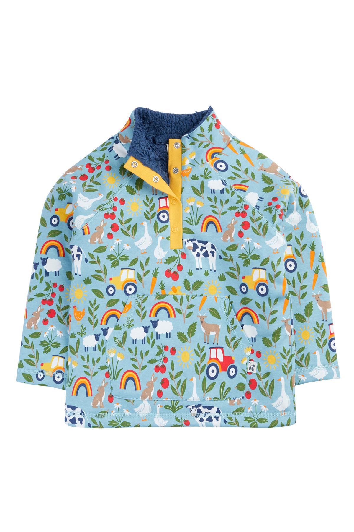 Frugi organic cotton snuggle fleece with animal and rainbow pattern on a white background