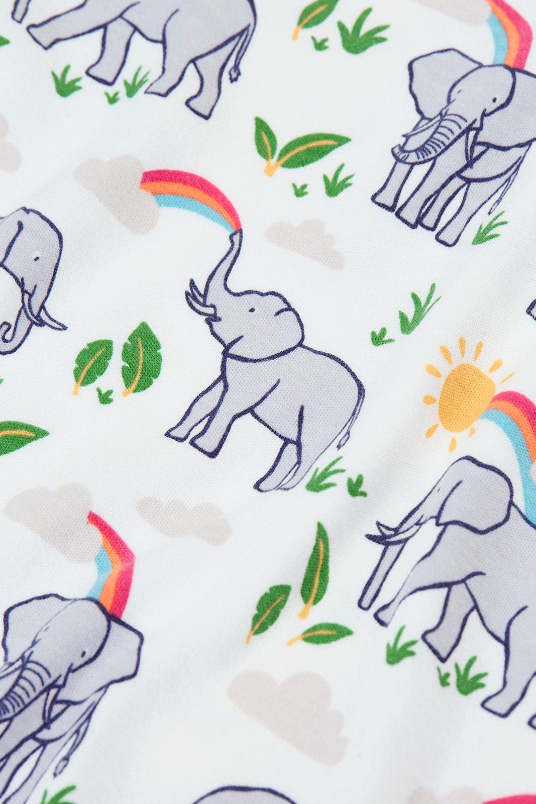 Pattern of gray elephants, rainbows, and green leaves on a white background