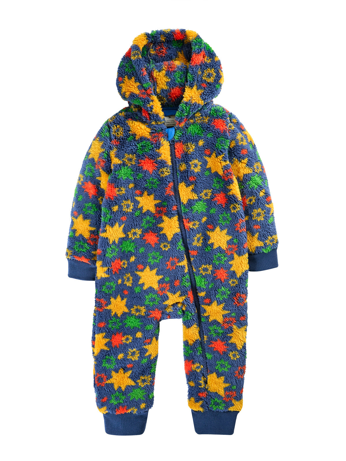 Frugi baby pramsuit in a colourful star print made from recycled polyester fleece.