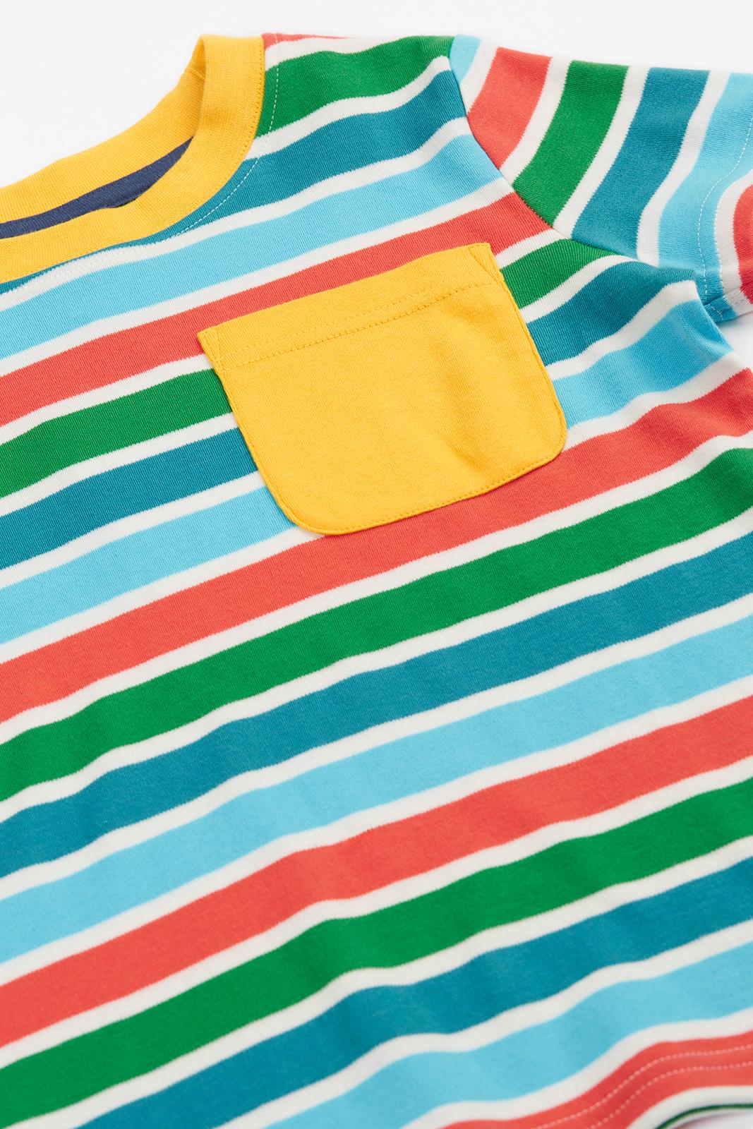 Colorful striped organic cotton shirt with a yellow pocket on a white background