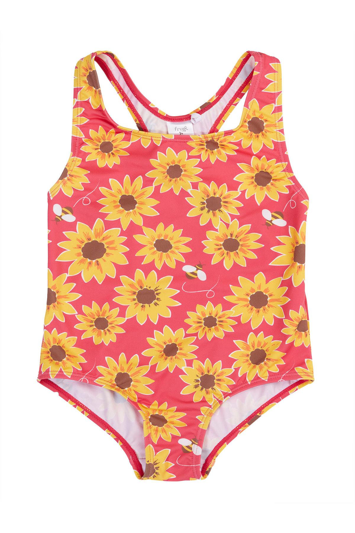 Frugi girls swimsuit featuring a vibrant yellow sunflower and bee print on a red background.


