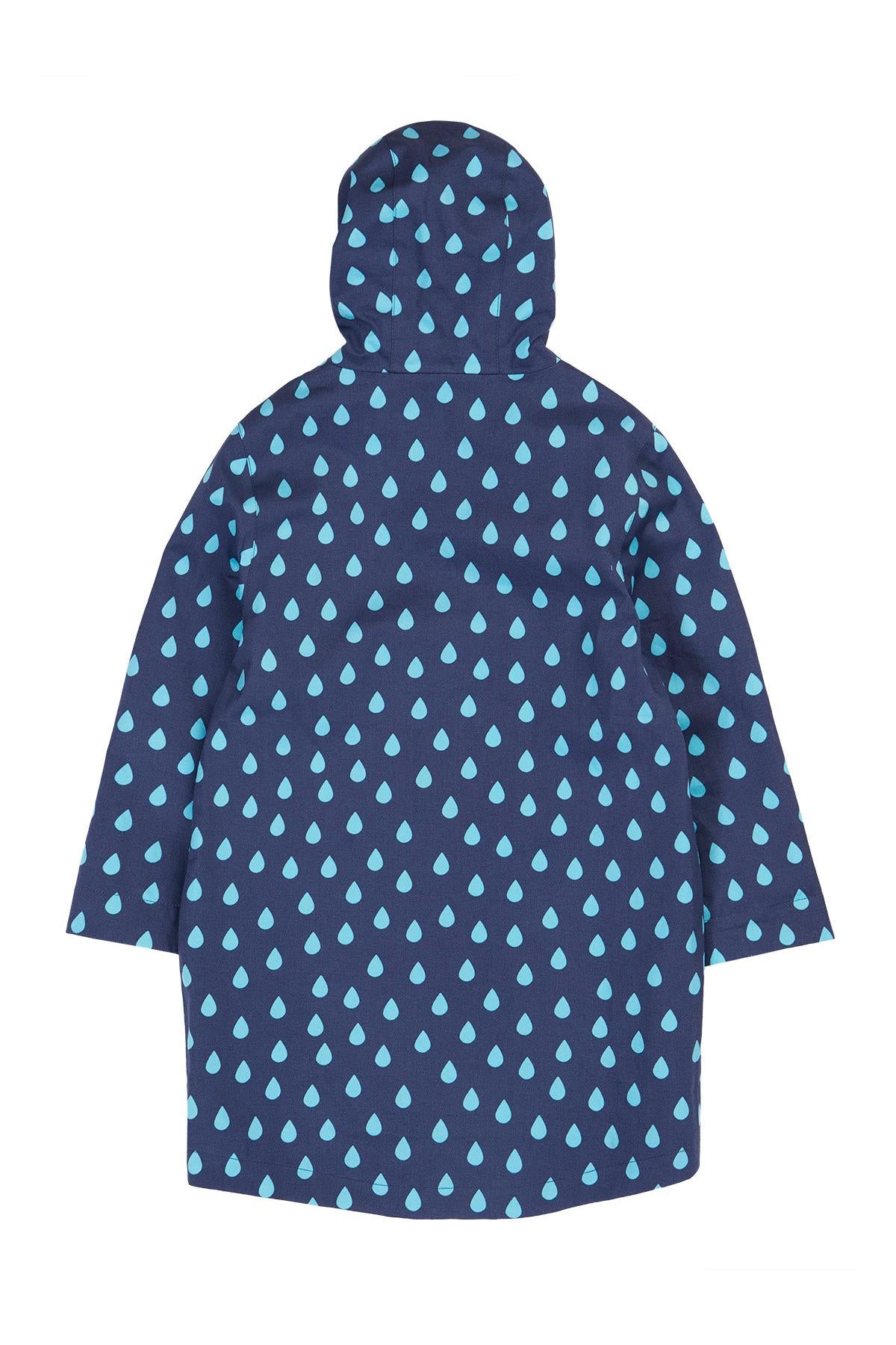 Navy organic cotton raincoat with light blue raindrop pattern on a white background
