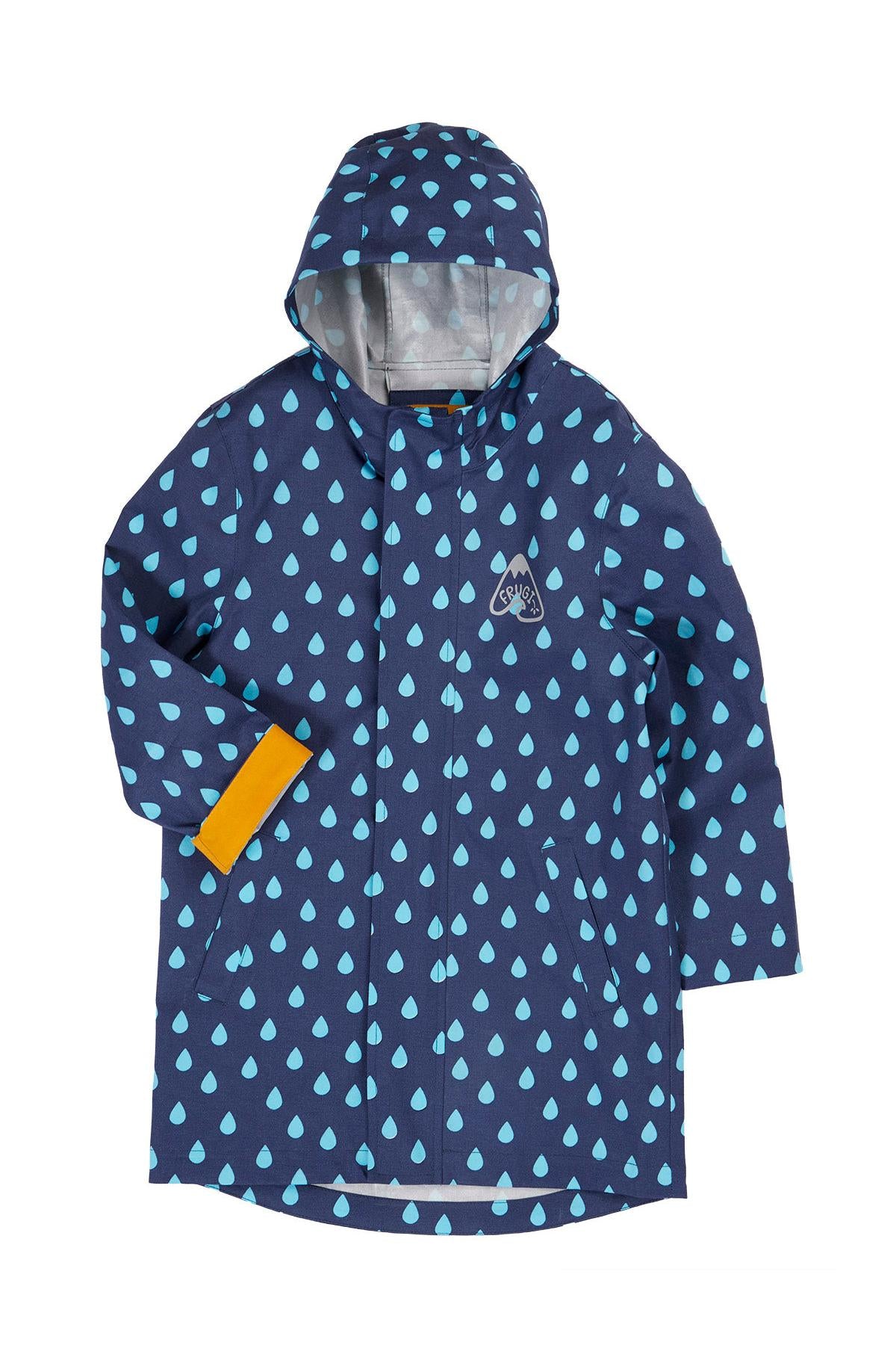 Frugi navy raincoat with blue raindrop pattern on a white background