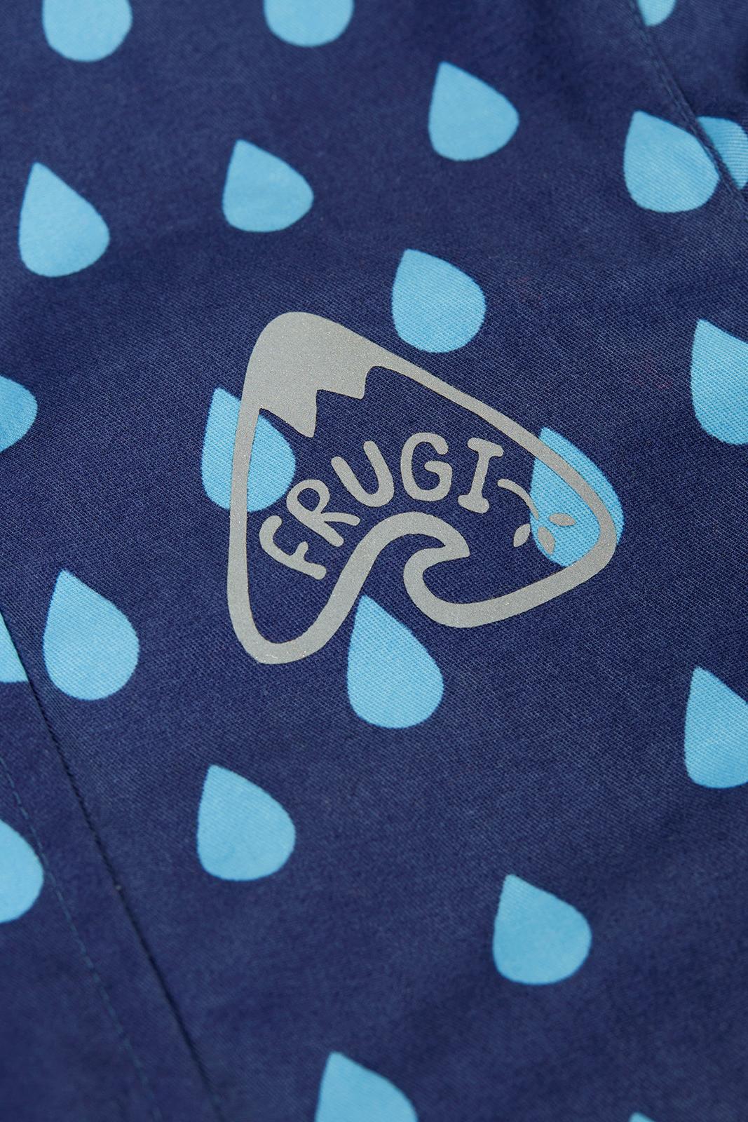 Navy blue fabric with light blue water droplet patterns and 'FRUGI' logo.