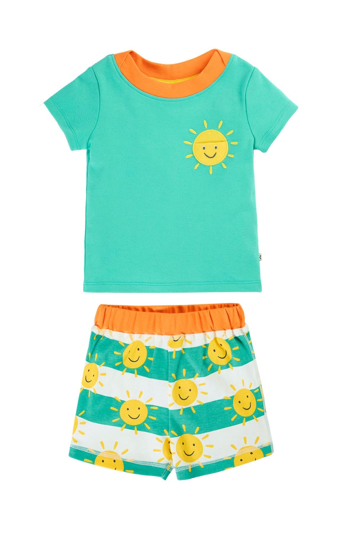 Frugi green t-shirt and striped shorts set with smiling sun print for toddlers