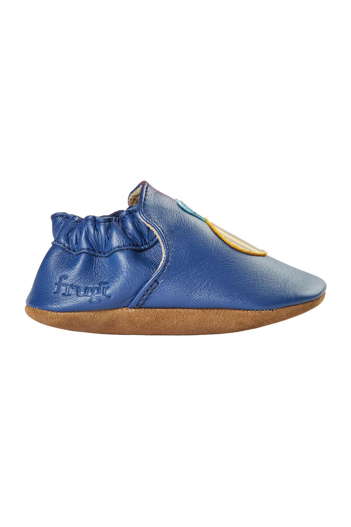 Blue baby shoe with brown sole on a white background