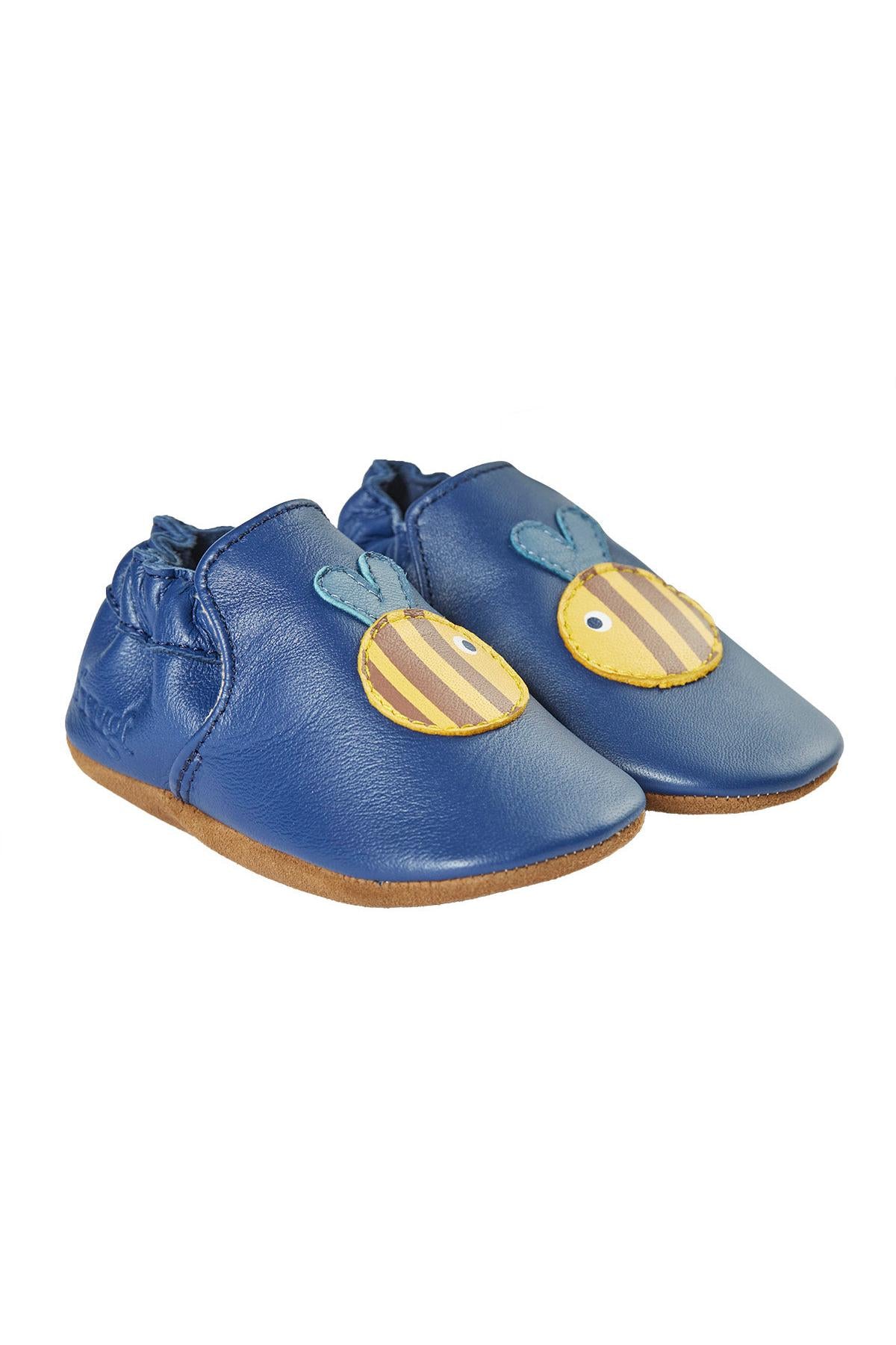 Pair of blue baby shoes with yellow bee design on a white background