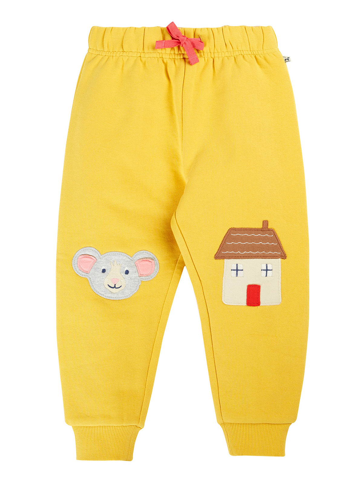 Yellow organic cotton joggers featuring a mouse and house applique design.