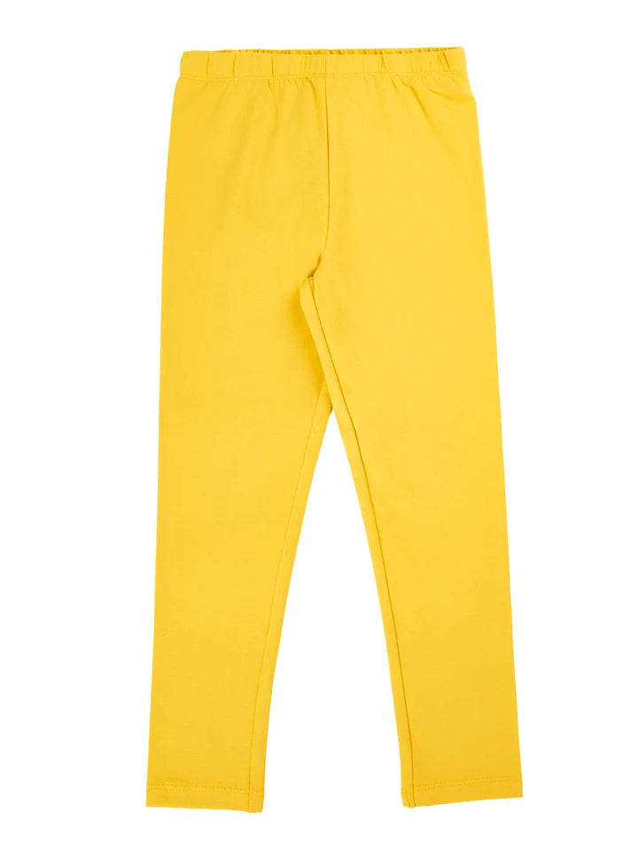 A pair of bright yellow Frugi organic cotton leggings for children.