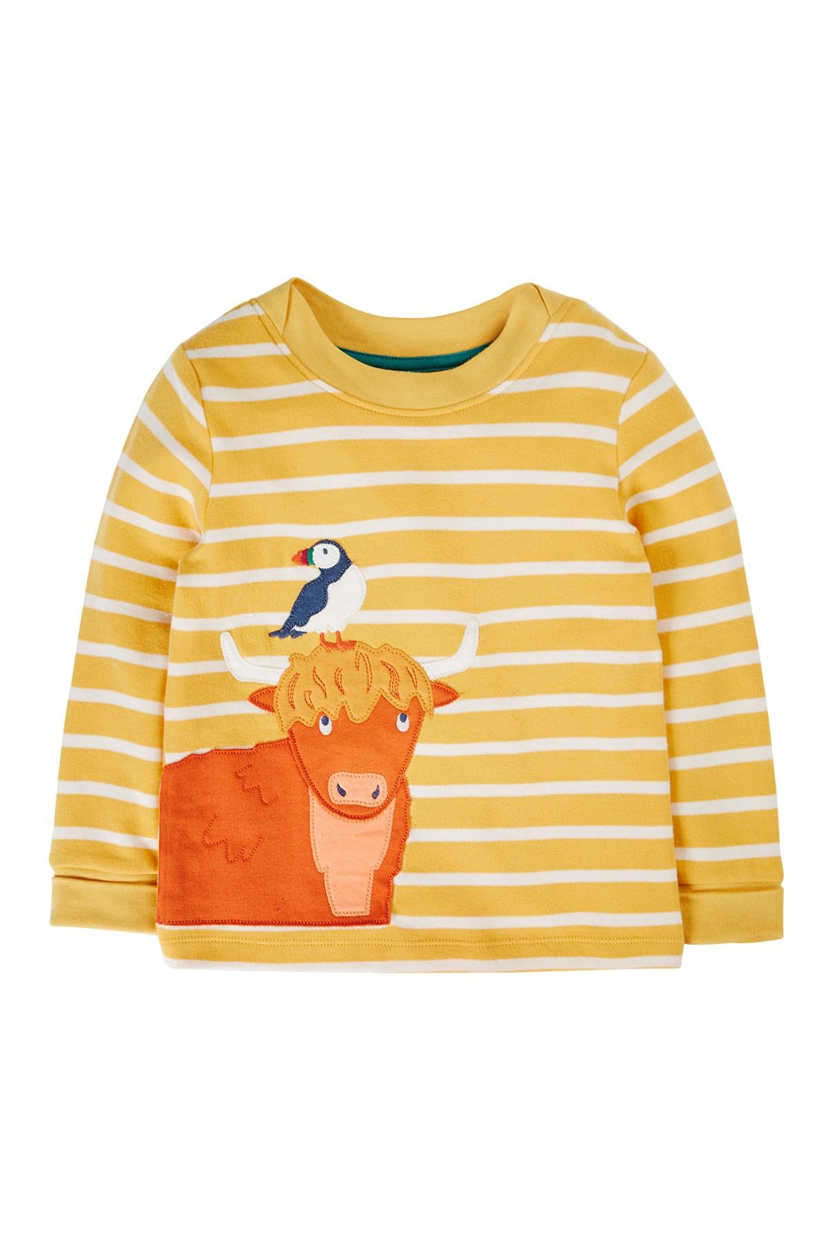 Frugi organic cotton long-sleeve yellow striped top featuring an applique highland cow and a puffin.